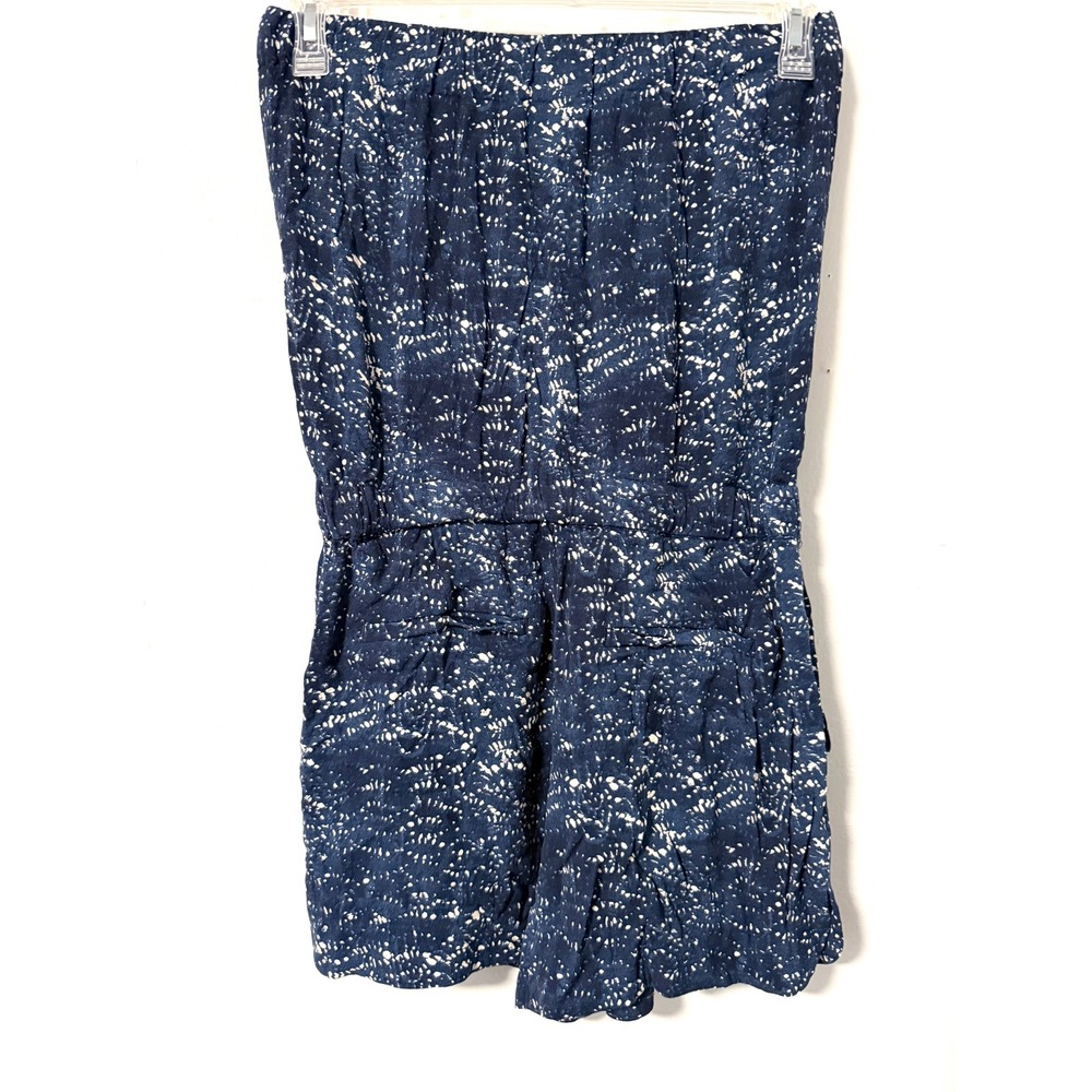 Ann Taylor LOFT Navy Blue White Batik Strapless Romper Drawstring Waist Small